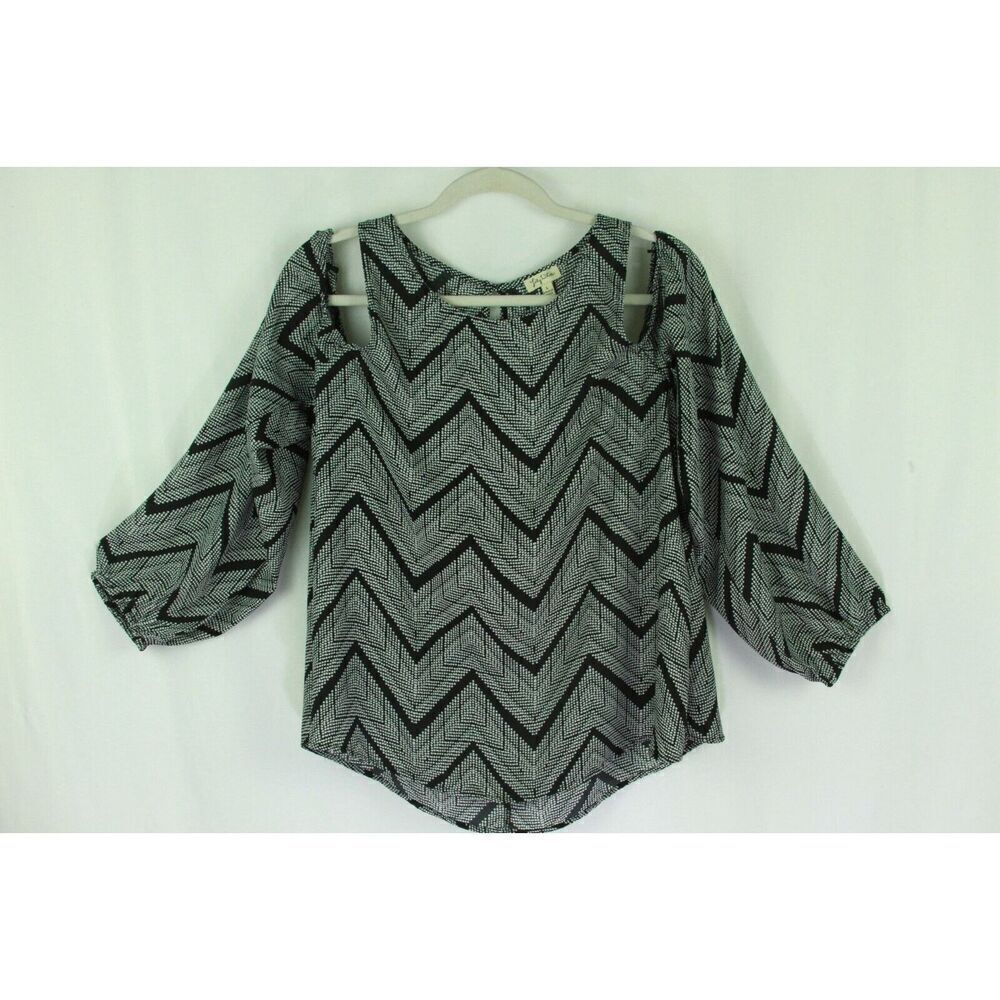 Lily White Cold Shoulder Blouse Top Black White Chevron Flowy Womens Large